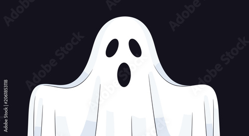 Foto Classic scary ghost sheet illustration with three black oval holes for eyes and a wide open mouth on a dark night background