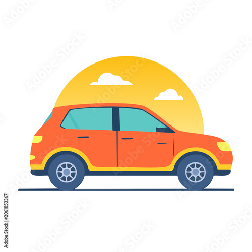 Flat design red car with yellow umbrella