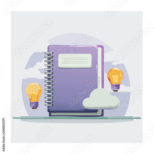 Purple laptop with glowing light bulb on white background