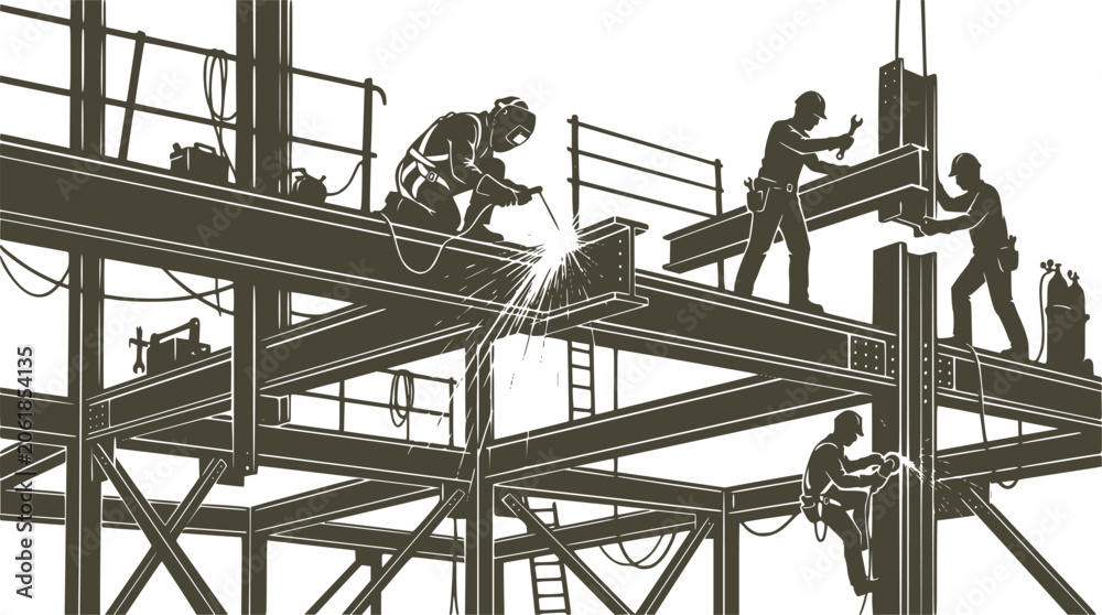Naklejka premium Construction Crew on Steel Beam Silhouette Vector. Industrial Builders and Welders Working Together, Construction Site Graphic Asset on White Background