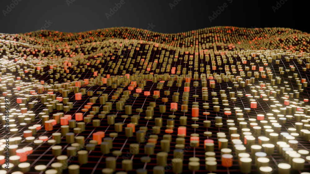 Fototapeta premium Abstract 3D perspective finance landscape with gold coins data nodes. Glowing red and metallic token cylinders on an undulating grid matrix representing crypto crash, risk, and market volatility.