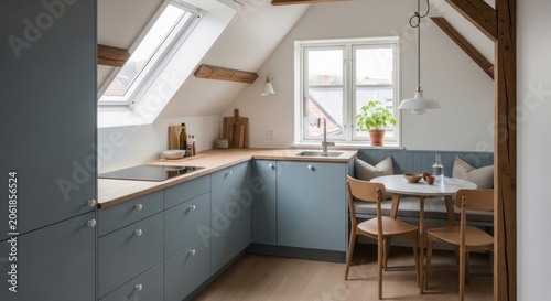 Small attic kitchen with blue cabinets and skylight.