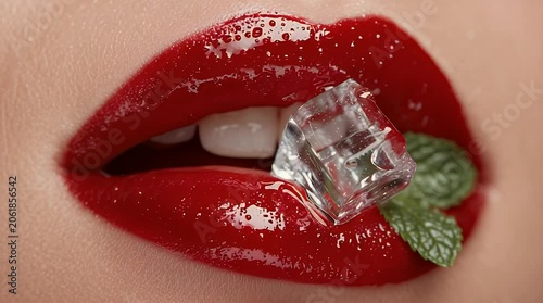 Glossy red lips with ice cube & mint, cool refreshment, sensual closeup