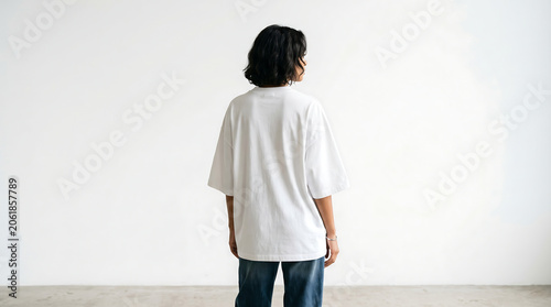 High-end fashion model in oversized plain white t-shirt back view streetwear apparel