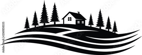 Charming forest cottage scenic Silhouette icon design