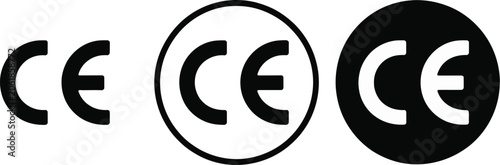 CE marking icons, compliance certification symbols in various styles and colors for product standards and regulatory approval.