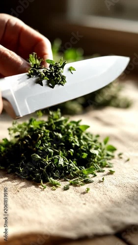 Fresh chopped herbs on cutting board with chef knife