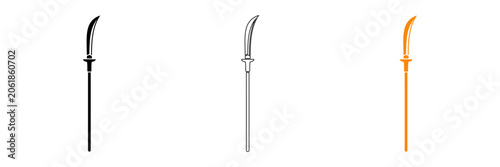 Photos Three line art illustrations of scythes in black gray and orange on white backgr