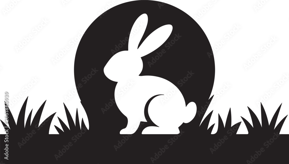 Obraz premium Black and white silhouette of a cute rabbit sitting in grass against a large full moon