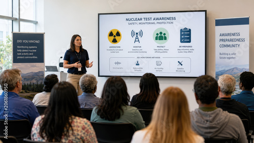 Woman presenting a nuclear test awareness safety briefing to a seated community audience in a modern meeting room