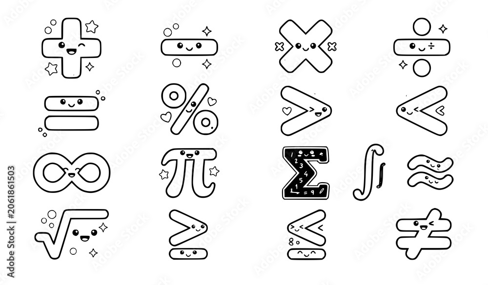Fototapeta premium Cute Cartoon Math Symbol Sticker Set with Educational Kawaii Characters Vector Illustration