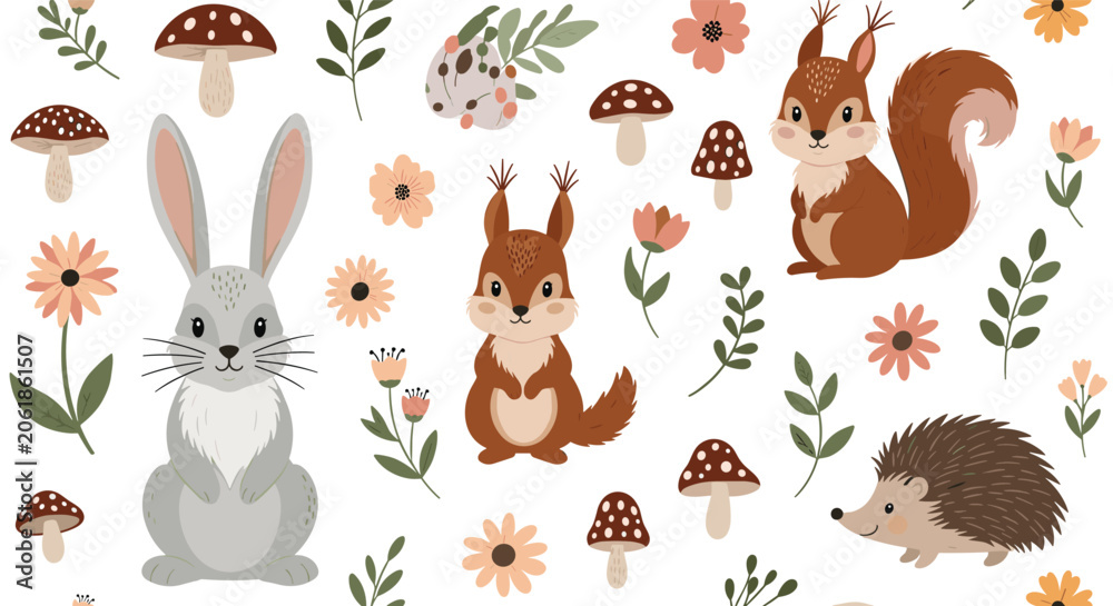 Naklejka premium Charming woodland animal pattern featuring rabbits squirrels hedgehogs mushrooms and flowers for nature inspired children designs.