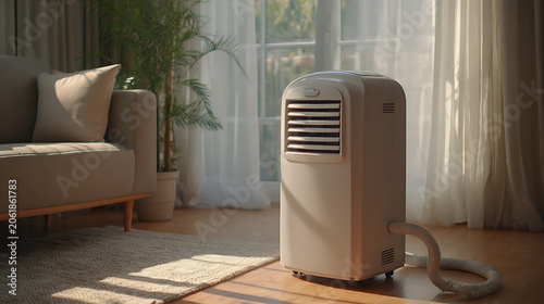 White portable air conditioner in a sunlit living room. Freestanding AC unit with exhaust hose on a wooden floor. Home climate control concept