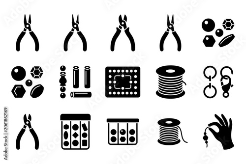 Jewelry making tools and components collection: pliers beads wire hooks.