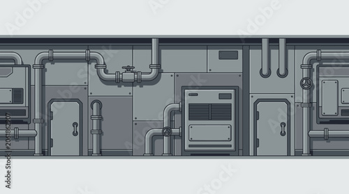 Industrial machinery wall with panels pipes and metal doors, machinery, panels, pipes, industrial, wall, factory, equipment, metal