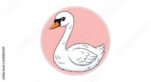 White swan illustration inside pink circle emblem.
