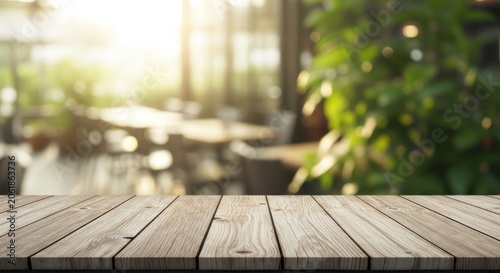 Wooden table top with blurred cafe interior background.