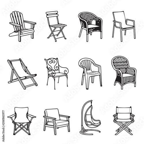 Diverse outdoor chairs collection for relaxation and garden design elements