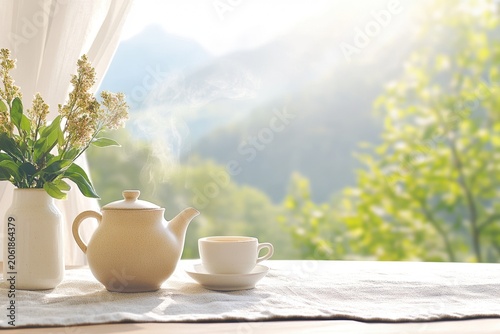 Relaxing tea ritual with steam, linen and artisan tableware. Concept for self care and mindful daily routines.