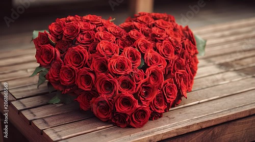 Heart-shaped arrangement of deep red roses on a rustic wooden surface