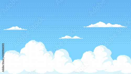 Foto Blue sky with white fluffy clouds in pixel art style