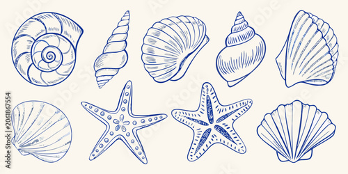 Tableau sur toile Ocean Seashells And Starfish Blue Line Art Illustration Collection