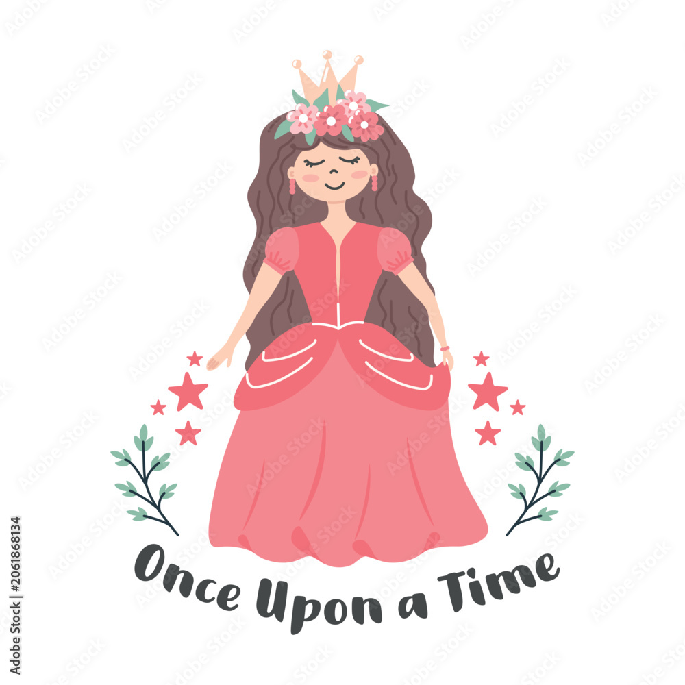 Fototapeta premium Cute princess illustration featuring a smiling fairytale character in a pink dress with floral crown, stars, botanical accents, and Once Upon a Time lettering.