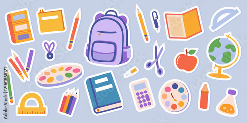 Obraz na plátně School Supplies Sticker Set Colorful Vector Illustration With White Outline