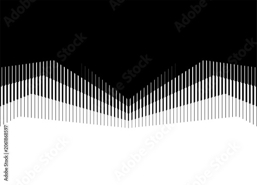 Symmetrical Vector transition from black to white with abstract broken shapes from lines. Striped Pattern in digital style. Promotion. Vector background for covers, videos, advertising, printing. pack