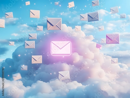 A vibrant digital scene featuring floating envelopes amidst fluffy clouds, symbolizing online communication and connectivity in a modern world of technology and social interaction.