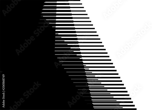 Vector transition from black to white with broken shapes from lines. Striped Pattern in digital style. Promotion. Divided Vector background for covers, videos, advertising, printing. packaging.