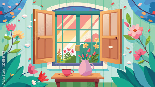 An open window with sunlight streaming in, showcasing a table adorned with vibrant flowers and lush green plants