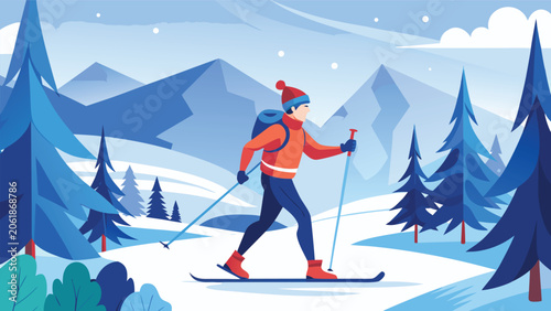 A man in winter gear cross country skiing on a snow-covered trail in a mountainous area