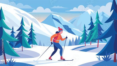 A man in winter gear cross country skiing on a snow-covered trail in a mountainous area