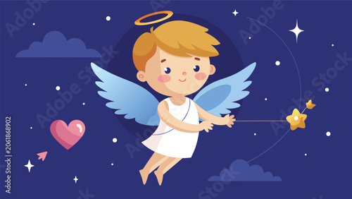 Cupid flies through a blue sky, surrounded by floating red hearts, symbolizing love and romance