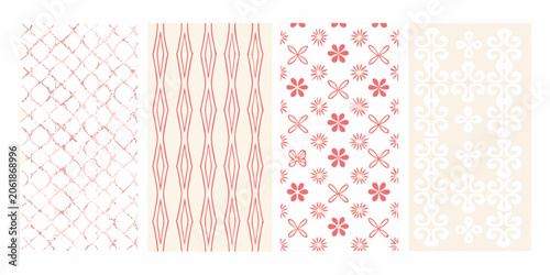 Retro pink floral and geometric patterns on a white background