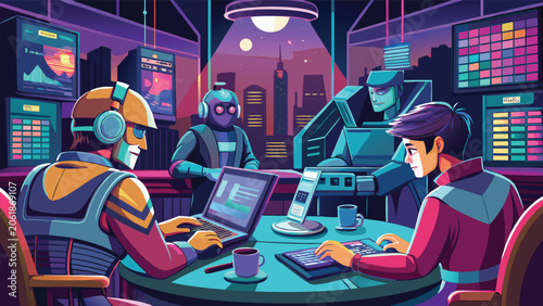 A diverse group of individuals collaborating at sleek computers in a modern, high-tech workspace