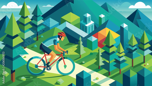 A man riding a bicycle through a lush green forest, surrounded by tall trees and dappled sunlight