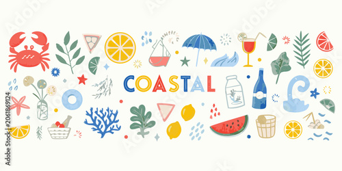 Coastal Summer Theme Illustration Collection Watercolor Style