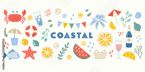 Coastal summer elements vector illustration with beach objects and marine life
