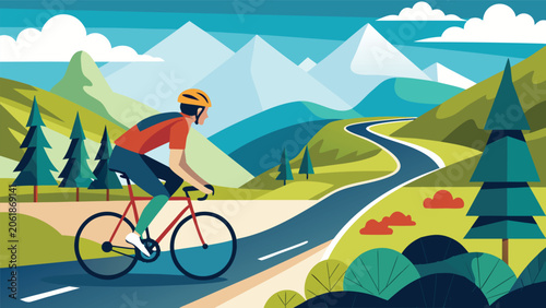 A man cycling on a winding mountain road, surrounded by lush greenery and rocky terrain