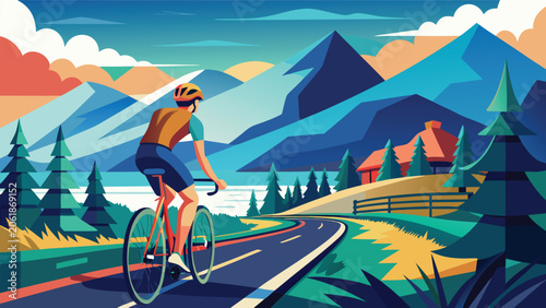 A man cycling on a winding mountain road, surrounded by lush greenery and rocky terrain