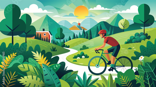 A cyclist navigating a forest trail, with vibrant foliage and sunlight creating a serene outdoor atmosphere