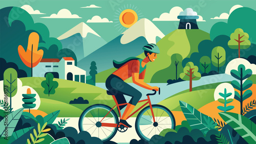 A cyclist navigating a forest trail, with vibrant foliage and sunlight creating a serene outdoor atmosphere