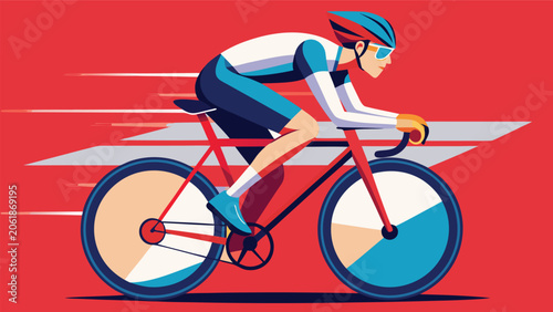 A cyclist riding a bike against a vibrant red background