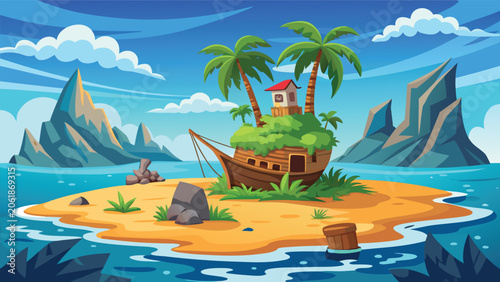 Cartoon island featuring a ship anchored near palm trees under a bright blue sky