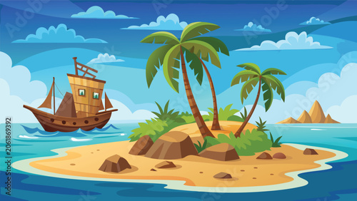 Cartoon island featuring a ship anchored near palm trees under a bright blue sky