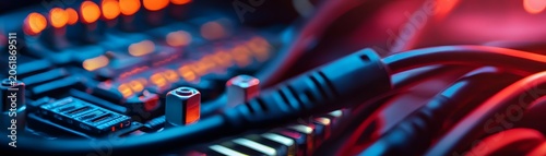 Close-up view of vibrant cables and connectors in a modern audio setup, illustrating the intricate details of electronic equipment against a colorful background.