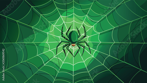 A delicate spider web glistens against a vibrant green background, showcasing intricate patterns and textures
