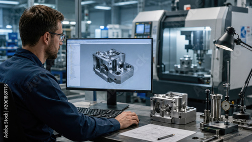 Engineer using CAD software to design and inspect a precision machined metal component at a computer workstation in a CNC workshop